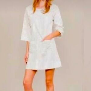 August Morgan Dress Size XL White A-Line Cotton Striped Round Neck Mini Short
